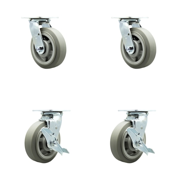 6 Inch Thermoplastic Rubber Swivel Caster Set with Roller Bearings 2 Brakes SCC